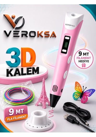 3d Kalem - 3d Yazıcı Kalem 9 Mt Filamentli Pembe