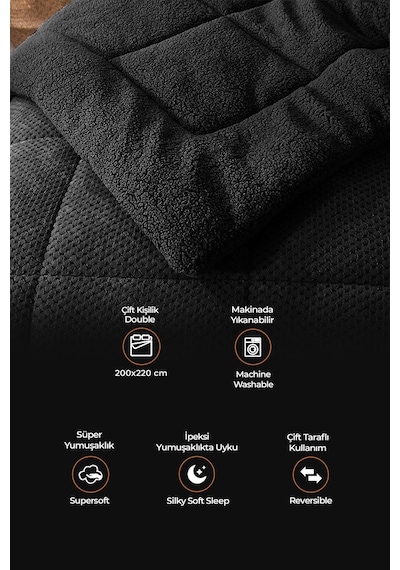 Ultra Yumuşak Çift Taraflı Wellsoft Peluş Yorgan Çift Kişilik Yıkanabilir 200x220 Cm Siyah Siyah