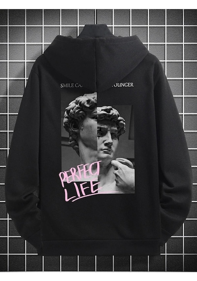 Perfect Life Sweatshirt - Siyah Baskılı Oversize Kapüşonlu Siyah