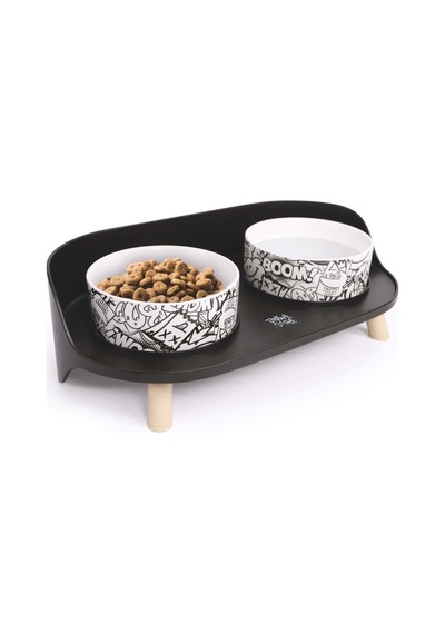 M-pets Altitude Urban Style Double Raised Pet Bowl 2li Siyah Beyaz