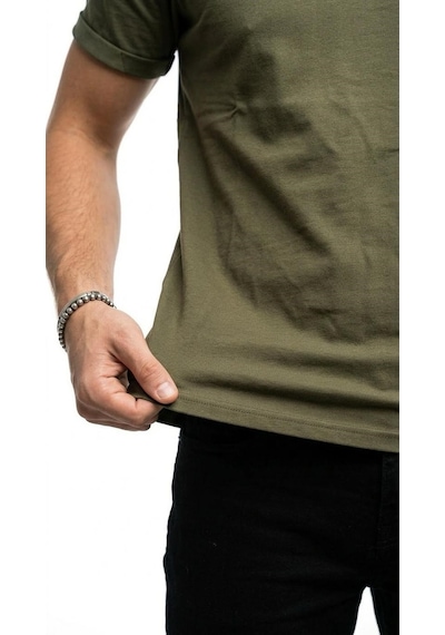Plus Scorpion T02 Kol Katlama Erkek Slim Fit Basic Tişört Bisiklet Yaka, Düz Kumaş, Yazlık Model Haki