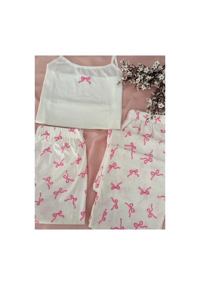 Mh Moony Homewears Pemboli Kurdele 3'lü Yumuşacık Pijama Takımı Ekru Pembe