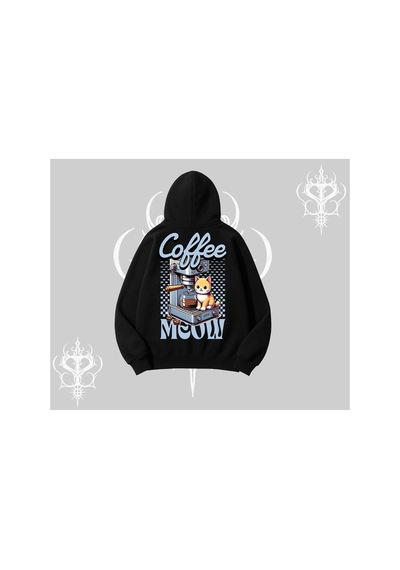 Tarzsokak Coffee Meow Kahve Temalı Kedi Arka Baskılı Kapşonlu Sweatshirt Siyah