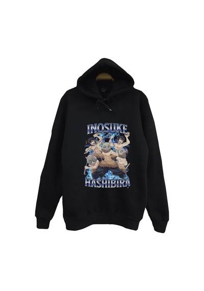 Demon Slayer Inosuke Hashibira Anime Baskılı Unisex %100 Pamuk Kapüşonlu Siyah Sweatshirt Siyah