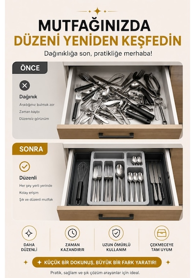 Sürgülü Ayarlanabilir Kaşıklık Organizer Çekmece İçi Düzenleyici S-10555 Gri