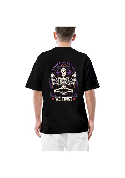 İn Coffe We Trust İskelet Streetwear Siyah Oversize Tişört