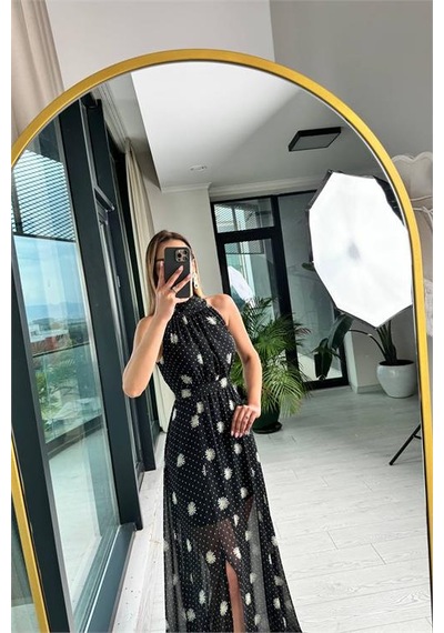 Neşeli Butik Kadın Halter Yaka Astarlı Maxi Şifon Elbise Nbmy3242 Siyah