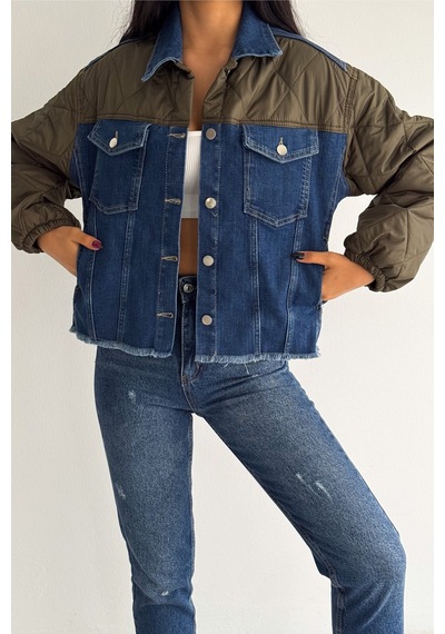 Femelle Haki Kapitone Garnili - Denim Kot Mont