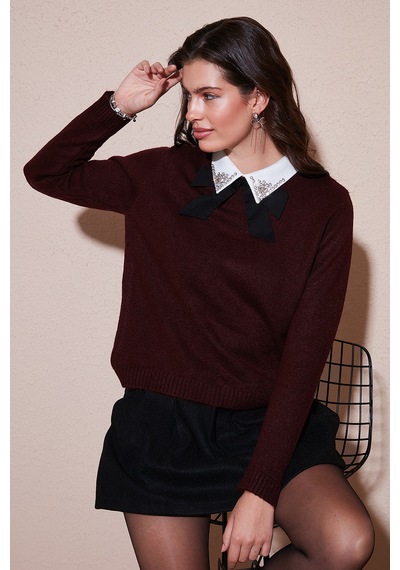 Lela Premium Regular Fit Gömlek Yaka Yumuşak Dokulu Fiyonk Detaylı Taşlı Bayan Kazak 680Kz00035 Bordo