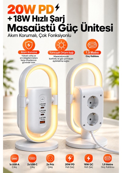 Akım Korumalı Masaüstü Güç Ünitesi 2 Priz, 2 Usb-c + Usb-a, 20w Pd & 18w Qc Hızlı Şarj, Led Ortam Aydınlatmalı 3680w 1.9 M