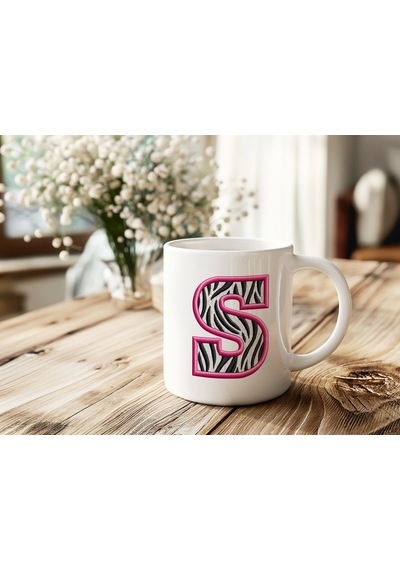 S Harfi Zebra Deseni Ve Pembe Kenarlı Kupa Bardak - Kişiye Özel Nakış Efektli - Siyah Beyaz Pembe Beyaz