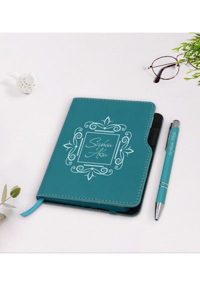 Kişiye Özel Isimli Turkuaz Termo Deri Defter Kalem Seti-1