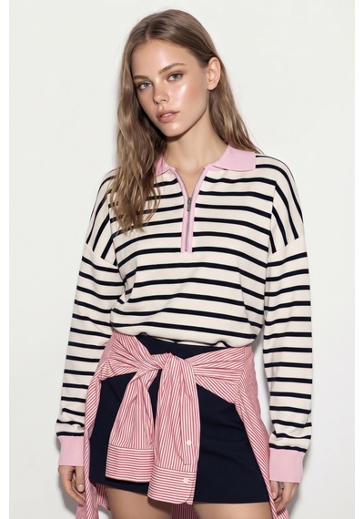 Soft&basic Çizgili Polo Yaka Triko Kadın Kazak Fermuarlı Pembe