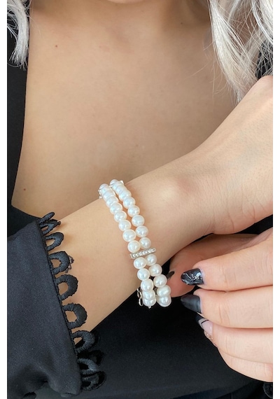 6,5 Mm Çift Sıra Doğal İnci Bileklik 20 Cm / Beyaz Gümüş