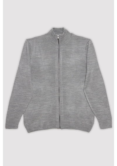 Tudors Erkek Slim Fit Dar Kesim Gri Dik Yaka Fermuarlı Düz Hırka-32263 Gri