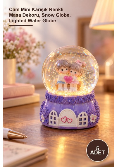 5 Adet Minik Işıklı Su Küresi Cam Mini Karışık Renkli Masa Dekoru, Snow Globe, Lighted Water Globe