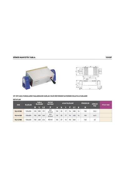 Fett 150x450mm Vertex 18kgf Döner Manyetik Tabla Vlu-618b