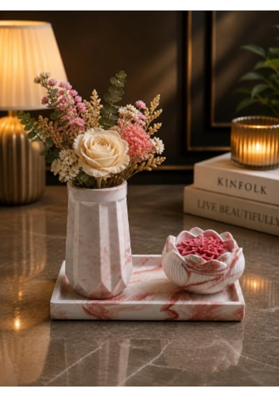 Şık Mermer Desenli Dekoratif Set Modern & Lüks Ev Aksesuarı Açık Pembe