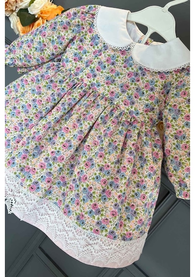 Rokoko Çiçek Desenli Kız Çocuk Bebek Dantelli Renkli Pamuk Elbise 001
