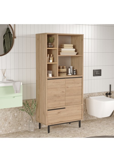 Lidya Banyo Dolabı Çok Amaçlı Dolap 3 Kapaklı Metal Ayaklı Sepet Kahverengi