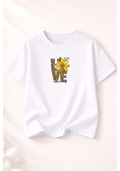 Herkesemoda Love Baskı Detaylı Kadın Bisiklet Yaka Pamuklu T-shirt Beyaz