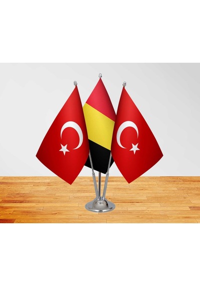 Masa Üstü Belçika Bayrağı Türk Bayrağı + Üçlü Direk Masa Bayrağı