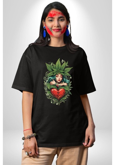 Kalp Parmak Kız Yeşillik Mutluluk Pamuklu Bisiklet Yaka Unisex Oversize Boyfriend Dijital Baskılı Siyah T-shirt Siyah