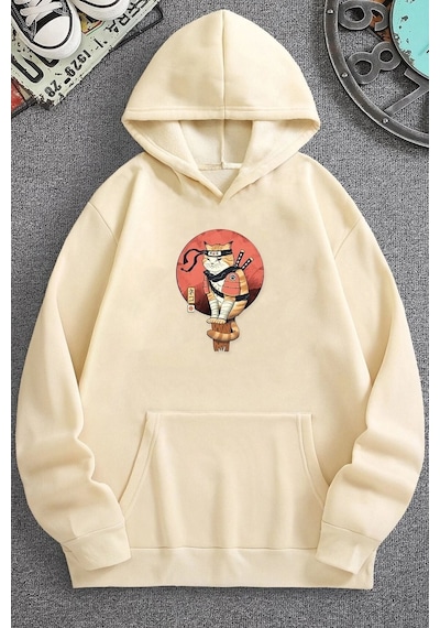 Uyguntarz Unisex Shinobi Kedi Baskılı Sweatshirt Bej
