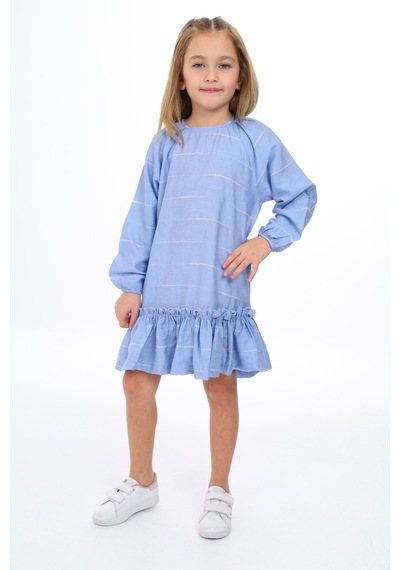 Toontoy Kız Çocuk Baskılı Relax Fit Bisiklet Yaka Reglan Uzun Kollu Volanlı Elbise - Mavi