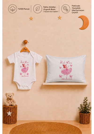 Pia Baby İsme Özel Kız Bebek Hediyesi %100 Pamuk Organik Baskılı Body Yastık Kılıfı Ve Ham Bez Kıyafet Kesesi 1025byk2x Ekru