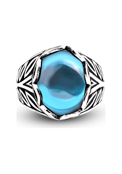 Kuyumcudukkanı Düz Oval Kubbe Kesim Taşlı Gümüş Erkek Yüzük-60007-w-blu 21 Beyaz