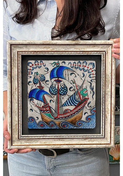 Oscar Stone Decor Çerçeveli Tablo Taş Duvar Dekoru 30 X 30 Cm Çini Seramik Gemi Çok Renkli