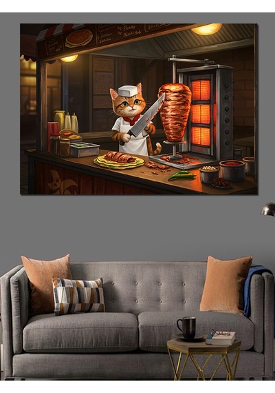 Döner Kesen Kedi Dekoratif Kanvas - Mdf Ahşap Tablo