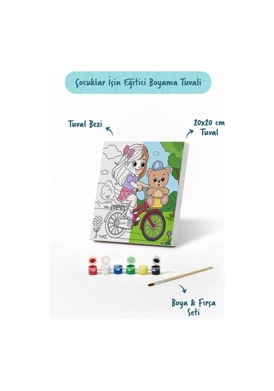 Ayıcıklı Bisiklet Boyama Tuvali Şövalesiz Boya Seti 20x20