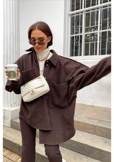 Madmext Mad Girls Kahverengi Over Size Gömlek Ceket Mg1281 Kahverengi