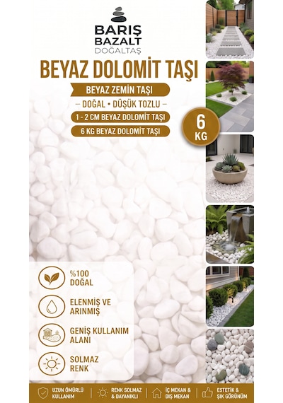 Beyaz Dolomit Taşı 1-2 Cm 6 Kg - Dolomit Taşı Doğal Dekoratif Bahçe Saksı Teraryum Akvaryum Taşı
