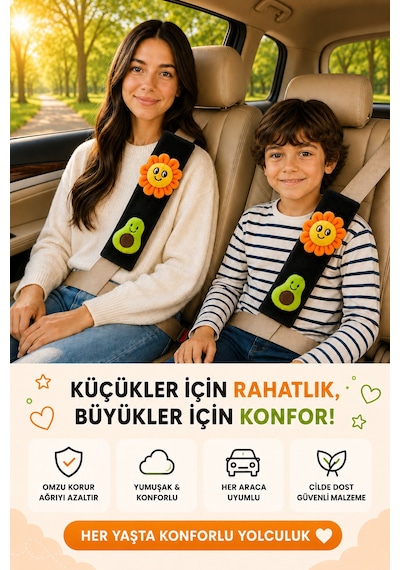 Çiçek Ve Avakadolu Siyah Emniyet Kemeri Aksesuarı - Emniyet Kemeri Kılıfı - Araç Emniyet Kemeri Omuz Koruyucu 1 Adet