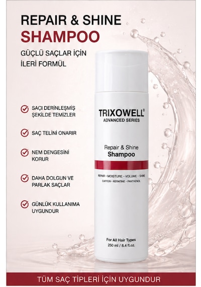 Trixowell Advanced Series Repair & Shine Shampoo Kafein, Keratin Ve Panthenol İçeren Onarıcı, Nemlendirici Ve Hacim Veren Şampuan 250 Ml