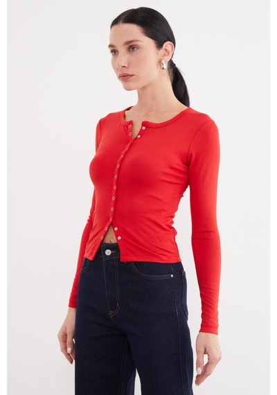 Fullamoda Önü Çıtçıtlı Ribanalı Slim Fit Bluz Kırmızı