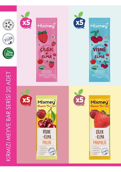 Mixmey Kırmızı Meyve Bar Serisi 20 Adet | Atıştırmalıklar – Vegan, Glutensiz (20GR X 20 ADET)
