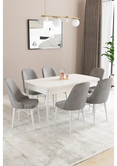 Familieconcept Almira Serisi, Beyaz 80x132 Açılabilir Mdf Mutfak Masası Takımı 6 Adet Sandalye Gri Familieconcept Almira Serisi, Beyaz 80x132 Açılabilir Mdf Mutfak Masası Takımı 6 Adet Sandalye Gri