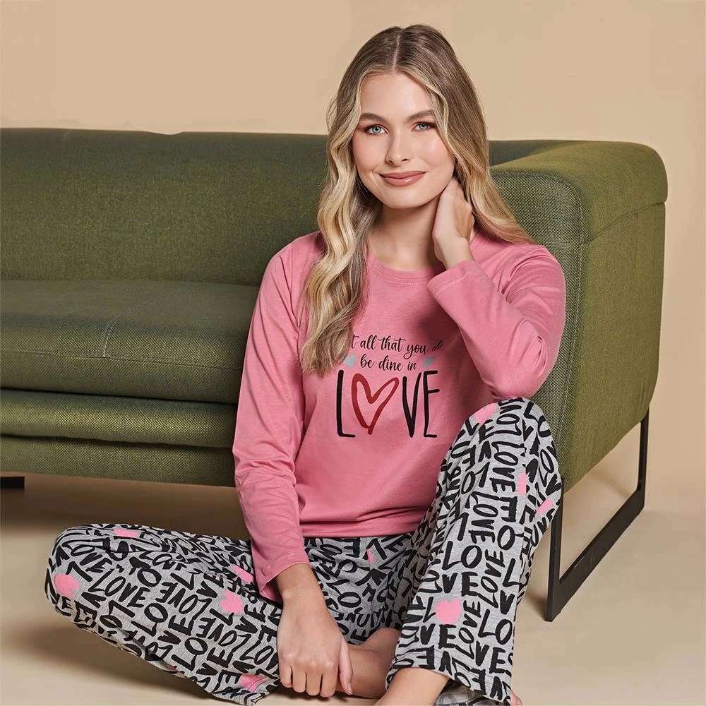 Over Sleep By Poleren Over Sleep 1428 Kadın Kışlık Uzun Kol Pijama Takım Pembe