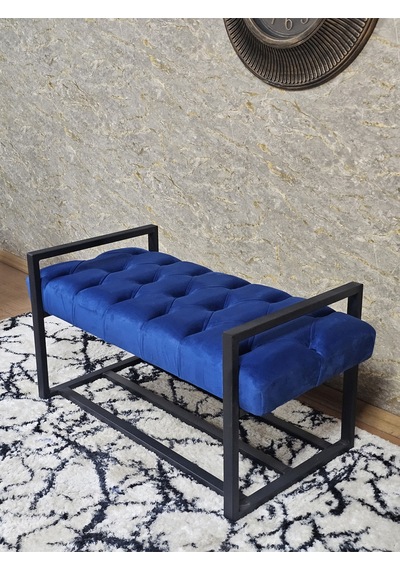 Zafir Siyah Boyalı Metal 80 Cm Puf Bench - Antre Puf - Hol Bench - Puf - Oturak - Bench Mavi