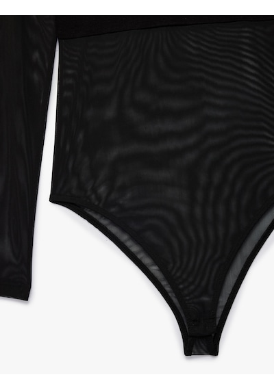 Koton Slim Fit Uzun Kollu Bisiklet Yaka Transparan Tül Bodysuit Siyah 6sak80274ek