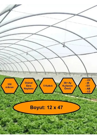 Sera Naylonu, 36 Aylık, 5 Katkılı, 350 Micron 12x47 Şeffaf Sera Örtüsü, Uv Dayanımlı, Ir, Ev, Ab, Ld