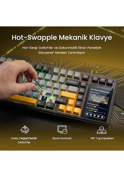 Aula L99 4" Akıllı Dokunmatik Ekranlı 3 Modlu RGB Hot Swap Caramel Latte Switch Mekanik Kablosuz Oyuncu Klavyesi Mor