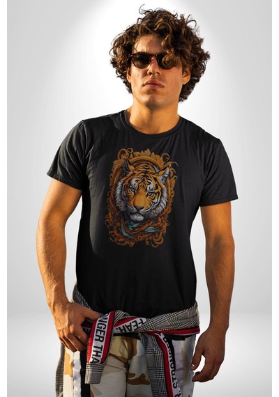 Kaplan Süs Unisex Unisex Siyah Organik Baskılı T-shirt Penye Yüksek Kalite Siyah