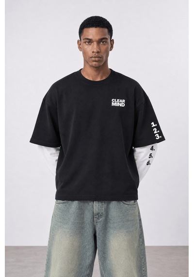 Respire Erkek Double Sleeve Oversize Sweatshirt Siyah