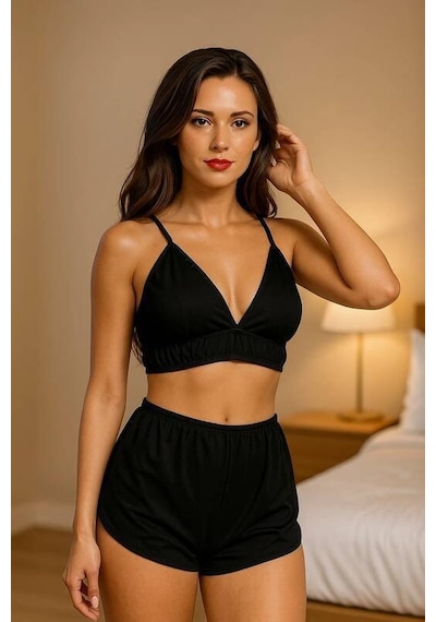 Ang Butik Kadın Siyah Yüksek Bel Şortlu Bralet Takım