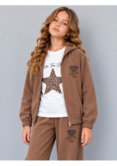 Kokoş Bebe Kız Çocuk Dokuma Viskon 3'lü Takım Leopar Yıldız Detaylı Kapüşonlu Ceket Tişört Bol Paça Pantolon - 5/13 Yaş - 31984 Kahverengi Kokoş Bebe Kız Çocuk Dokuma Viskon 3'lü Takım Leopar Yıldız Detaylı Kapüşonlu Ceket Tişört Bol Paça Pantolon - 5/13 Yaş - 31984 Kahverengi